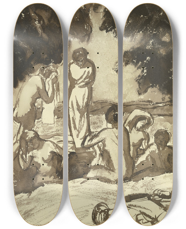 Triptych art skateboard deck of Hermann Lismann Bathing Women by Hermann Lismann (1878-1943)