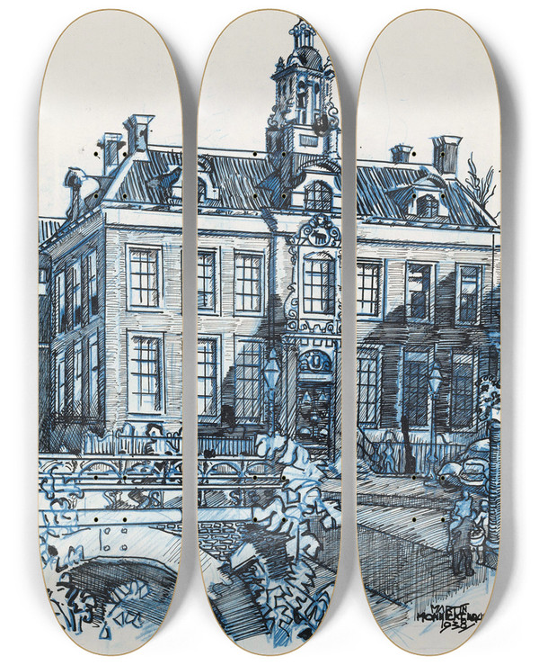 Triptych art skateboard deck of Martin Monnickendam Stadhuis Te Edam by Martin Monnickendam (1874-1943)