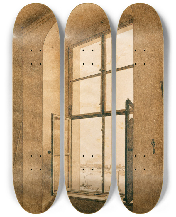 Triptych art skateboard deck of Caspar David Friedrich Blick Aus Dem Atelier Des Knstlers In Dresden Auf Die Elbe Linkes Fenster by Caspar David Friedrich (1774-1840)
