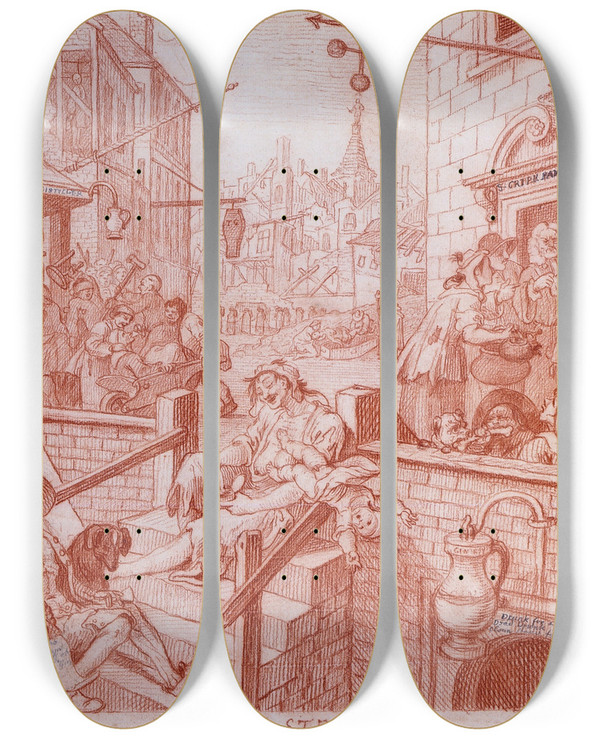 Triptych art skateboard deck of William Hogarth Gin Street by William Hogarth (1697-1764)
