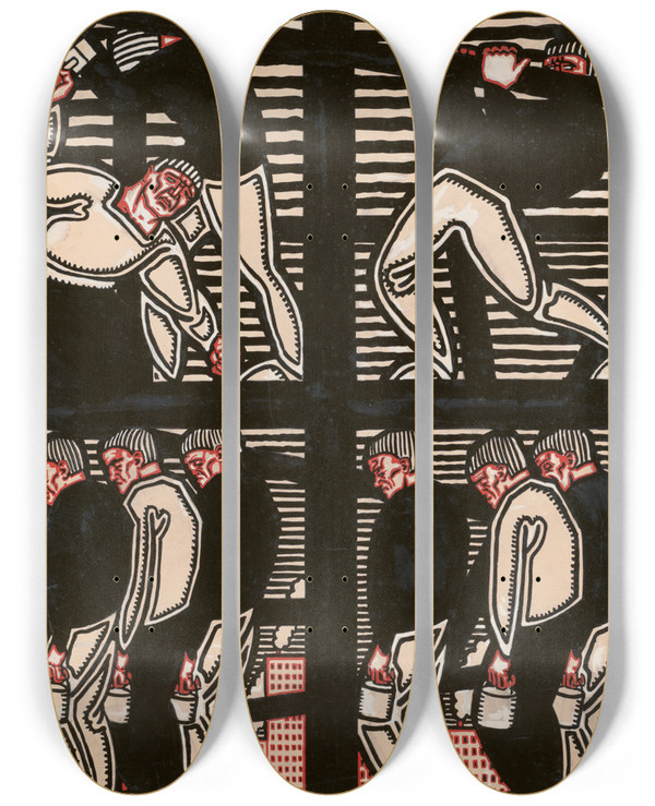 Triptych art skateboard deck of Winold Reiss Steel Workers by Winold Reiss (1886-1953)