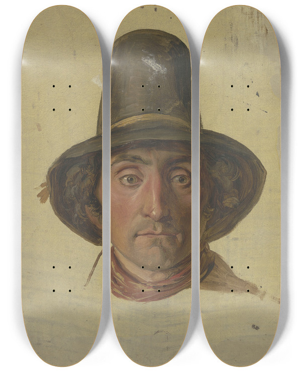 Triptych art skateboard deck of Jakob Becker Farmer With A High Hat by Jakob Becker (1810-1872)