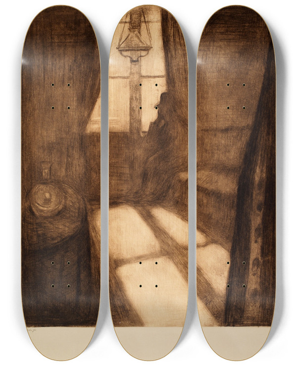 Triptych art skateboard deck of Edvard Munch Moonlight Moonlight Night In St Cloud by Edvard Munch (1863-1944)