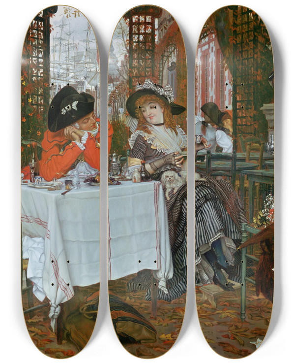 Triptych art skateboard deck of James Tissot A Luncheon Un Dejeuner by James Tissot (1836-1902)
