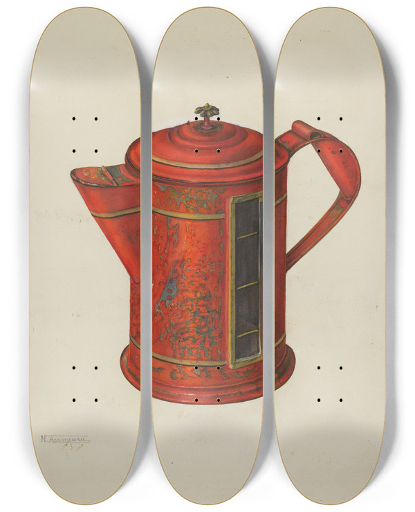 Triptych art skateboard deck of Nicholas Acampora Toleware Coffee Pot_1 by Nicholas Acampora