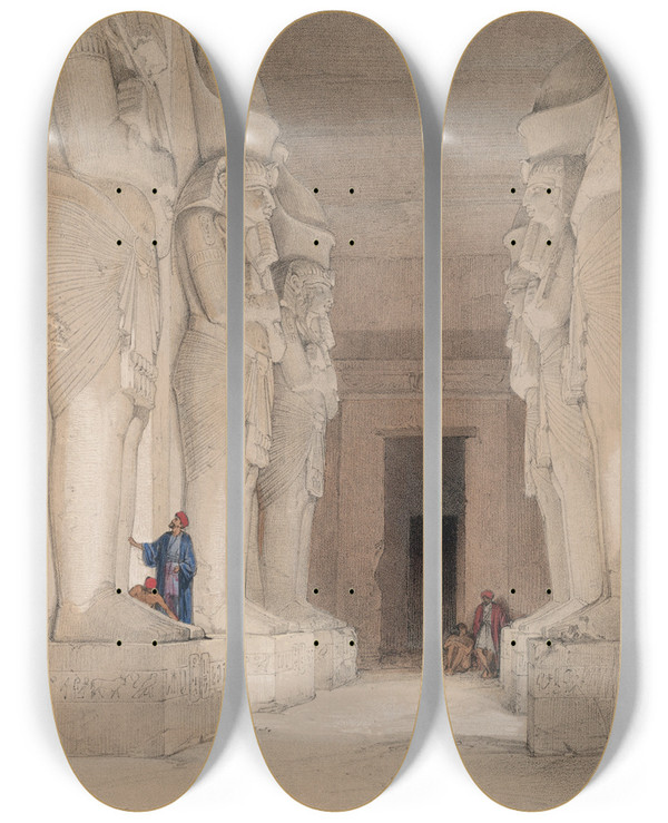 Triptych art skateboard deck of David Roberts Excavated Temple Of Gyrshe Gerf Hussein Nubia by David Roberts (1796-1864)