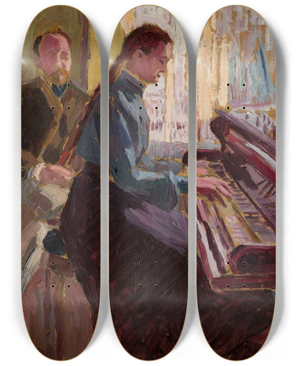 Triptych art skateboard deck of Aleksy Nowakowski At The Piano by Aleksy Nowakowski (1872-1935)