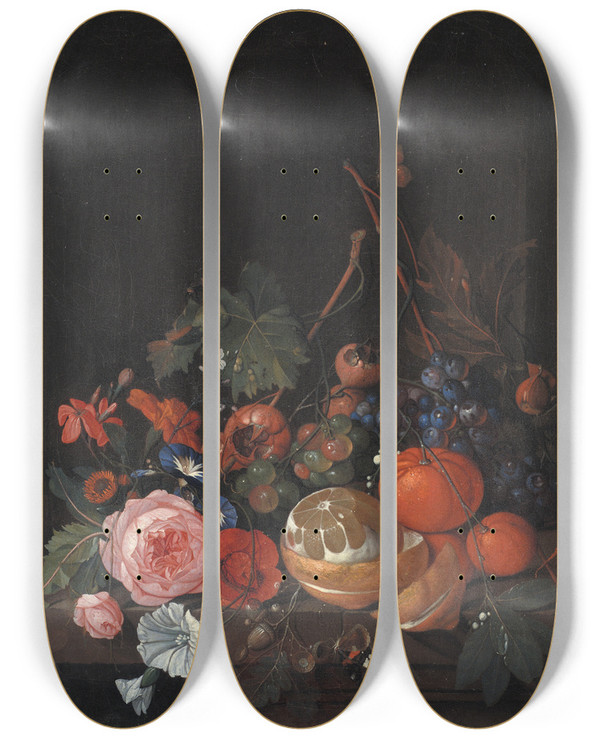 Triptych art skateboard deck of Jan Davidsz De Heem Flowers And Fruit by Jan Davidsz de Heem (1606-1684)