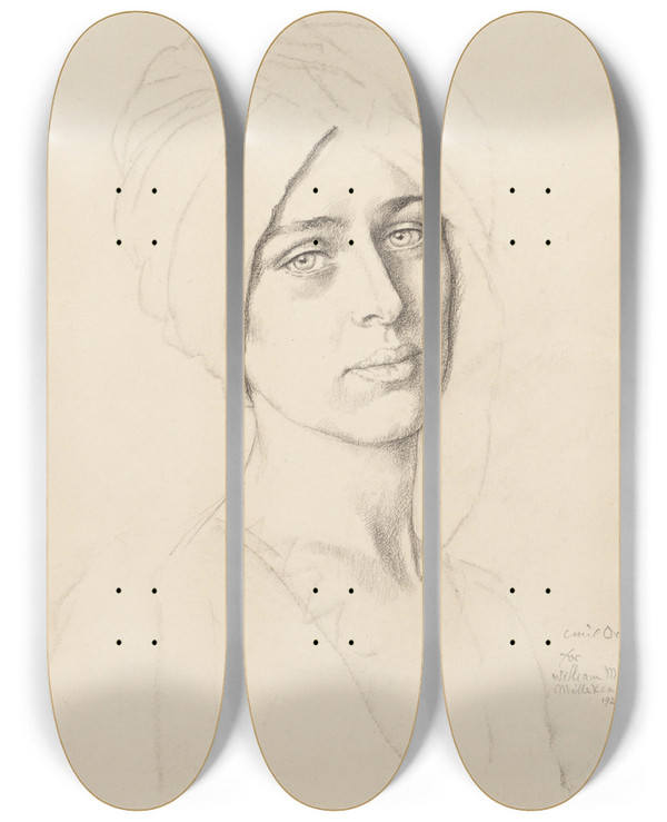 Triptych art skateboard deck of Emil Orlik Nina Schishin by Emil Orlik (1870-1932)