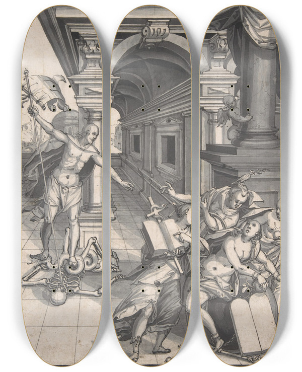 Triptych art skateboard deck of Hans Jakob Nscheler The Elder Christ Saving Eve by Hans Jakob Nuscheler The Elder (1583-1654)