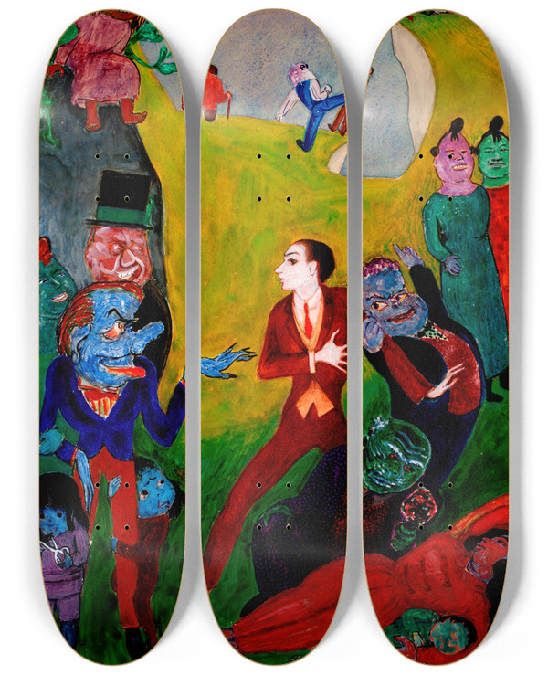 Triptych art skateboard deck of Nils Dardel Utan Pardon by Nils Dardel (1888-1943)