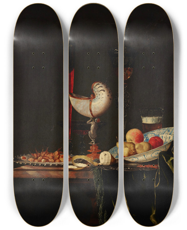 Triptych art skateboard deck of Johann Georg Hinz A Nautilus Cup A Flute A Faondevenise And A Wine And Beer Glass With Nuts On A Silver Charger by Johann Georg Hinz (1630-1688)