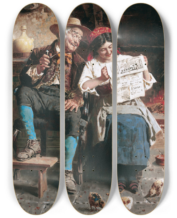 Triptych art skateboard deck of Eugenio Zampighi Good Tidings by Eugenio Zampighi (1859-1944)