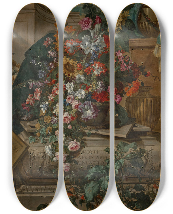 Triptych art skateboard deck of Jeanbaptiste Monnoyer Flowers In An Urn On A Sarcophagus by Jean-Baptiste Monnoyer (1636-1699)