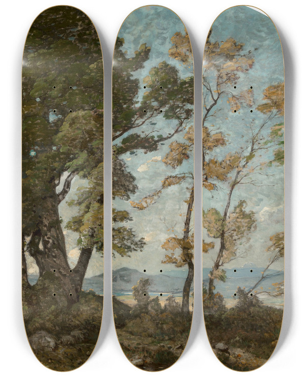 Triptych art skateboard deck of Henrijoseph Harpignies Paysage Du Midi by Henri Joseph Harpignies (1819-1916)