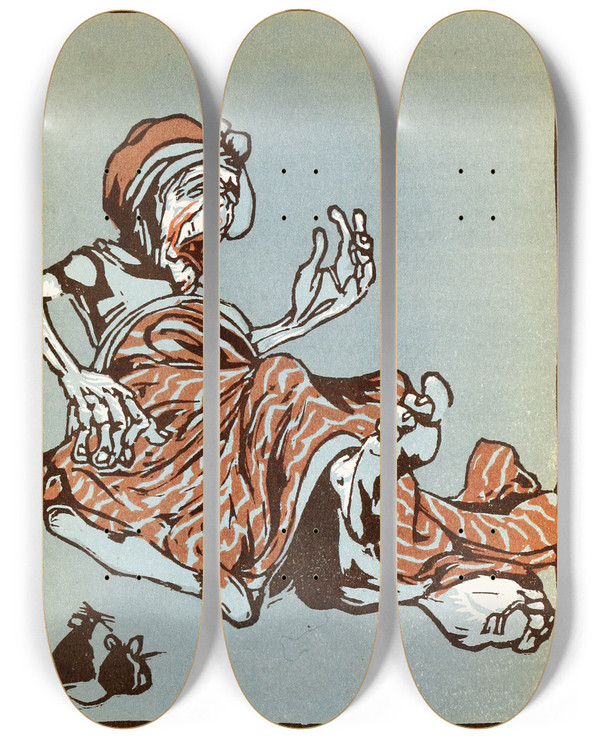 Triptych art skateboard deck of Willy Pogany Fortyfour Turkish Fairy Tales Pl 35 by Willy Pogany (1882-1955)