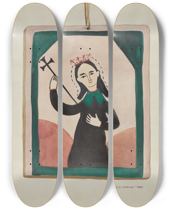 Triptych art skateboard deck of Majel G Claflin Retablo Virgin by Majel G Claflin (1893-1941)