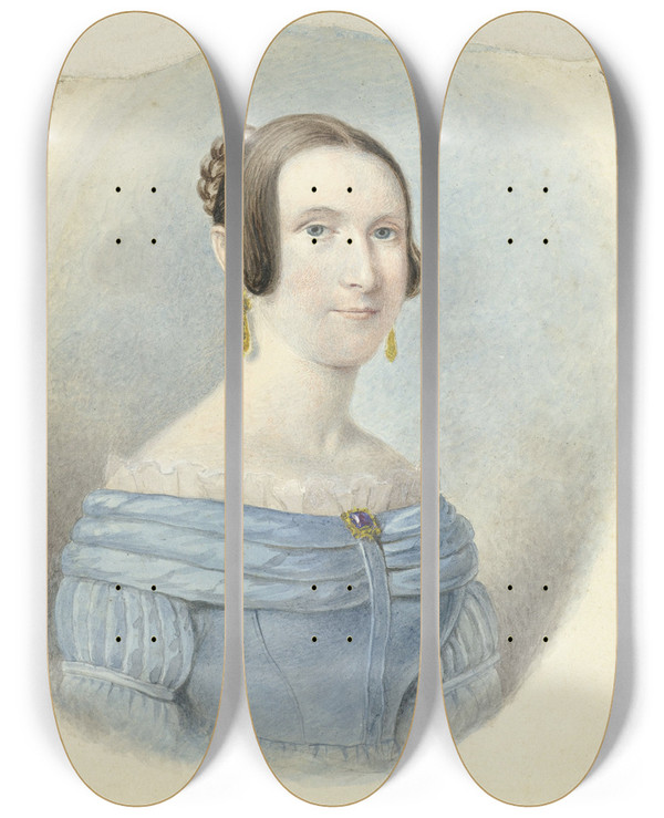 Triptych art skateboard deck of Johannes Hari Vrouw In Een Blauwe Japon Met Gouden Oorbellen by Johannes Hari (1772-1849)