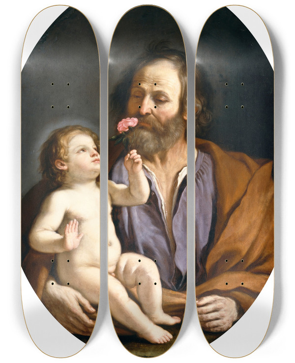 Triptych art skateboard deck of Guercino Saint Joseph With The Christ Child by Guercino (1591-1666)
