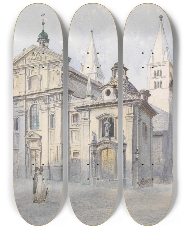 Triptych art skateboard deck of Vclav Jansa Georgsbasilika Prag by Vaclav Jansa (1859-1913)