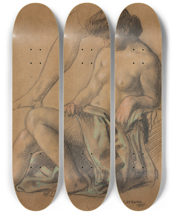 Triptych art skateboard deck of William Strang Draped Figure Seated by William Strang (1859-1921)