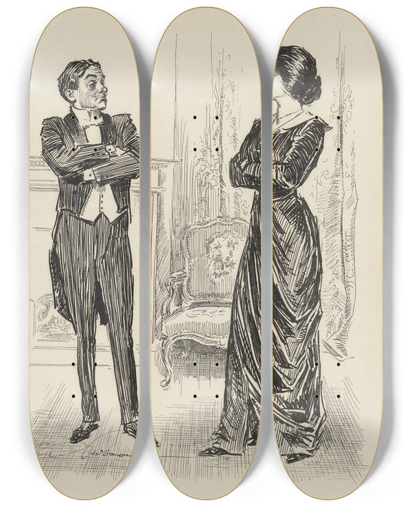 Triptych art skateboard deck of Charles Dana Gibson He We Have Had A Terrible Scrap by Charles Dana Gibson (1867-1944)