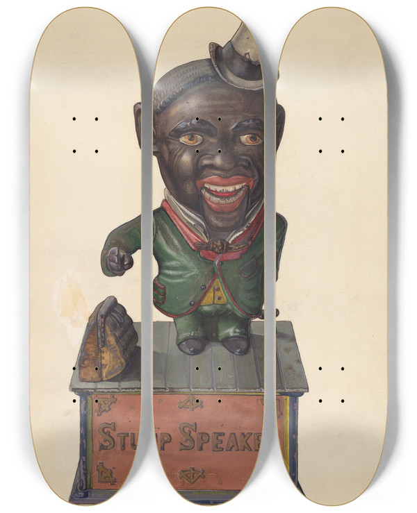 Triptych art skateboard deck of Alf Bruseth Stump Speaker Bank by Alf Bruseth