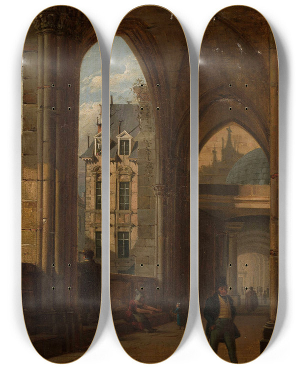Triptych art skateboard deck of Marcin Zaleski Arcades With The View Of The City by Marcin Zaleski (1796-1877)