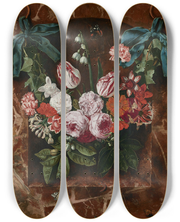 Triptych art skateboard deck of Carstian Luyckx A Garland Of Tulips Roses Lilies Of The Valley And Other Flowers Suspended From Blue Ribbons Before A Marble Alcove With Butterflies And Caterpillars by Carstian Luyckx (1623-1675)