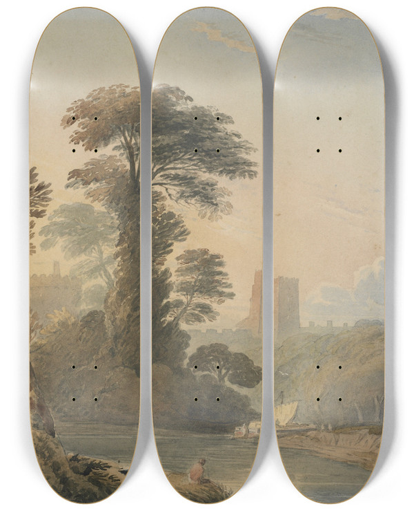 Triptych art skateboard deck of John Varley Capriccio View On The Thames Near Windsor by John Varley (1778-1842)