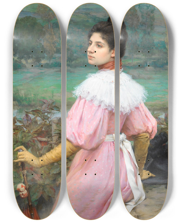 Triptych art skateboard deck of Pierre Outin A Promenade By The River by Pierre Outin (1840-1899)