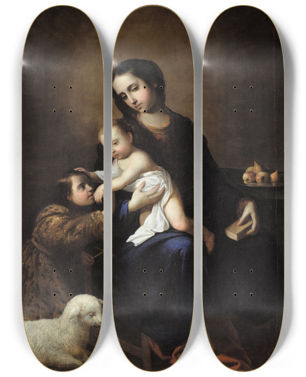 Triptych art skateboard deck of Francisco De Zurbarn The Virgin And Child With The Infant St John The Baptist by Francisco de Zurbarn (1598-1664)