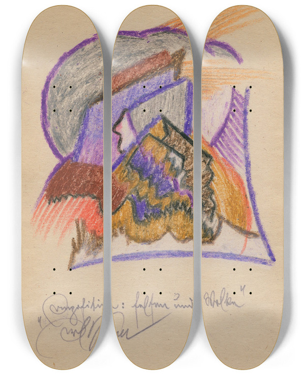 Triptych art skateboard deck of Karl Wiener Komposition Felsen Und Wolken by Karl Wiener (1901-1949)