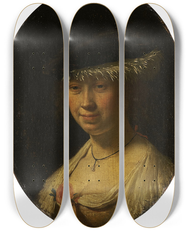 Triptych art skateboard deck of Frans Van Mieris The Elder Portrait Of A Woman With A Cap by Frans Van Mieris The Elder (1635-1681)