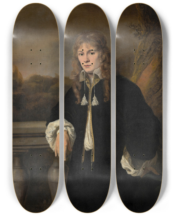 Triptych art skateboard deck of Ferdinand Bol Portrait Of A Young Man_2 by Ferdinand Bol (1616-1680)