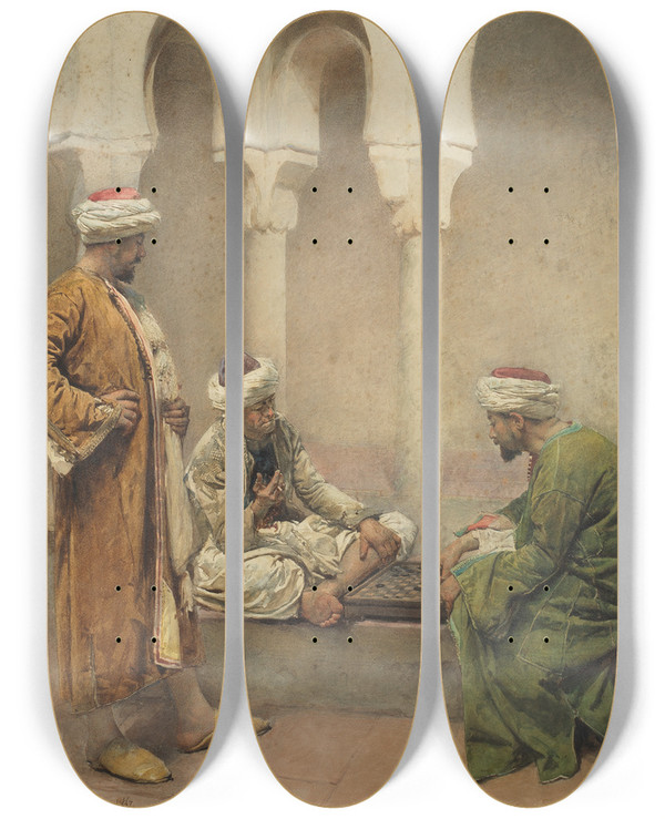 Triptych art skateboard deck of Gustavo Simoni A Game Of Draughts by Gustavo Simoni (1845-1926)