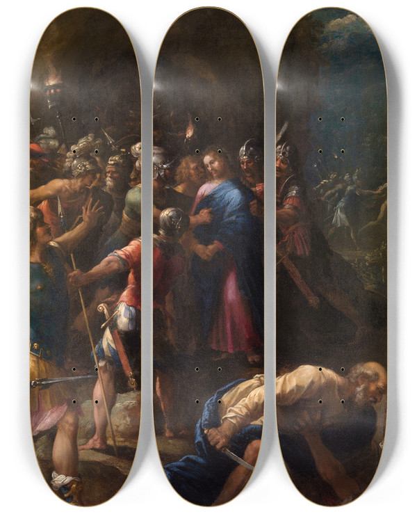 Triptych art skateboard deck of Hans Rottenhammer The Kiss Of Judas by Hans Rottenhammer (1564-1625)