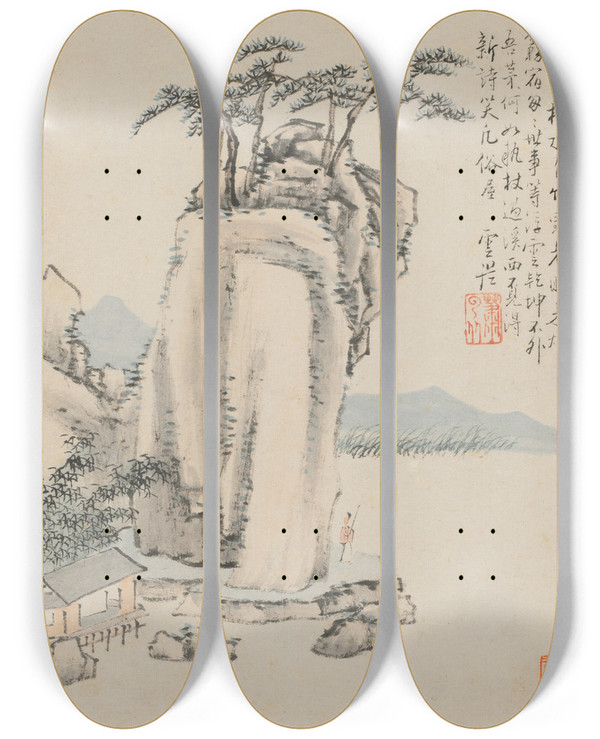 Triptych art skateboard deck of Xiao Yuncong Album Of Seasonal Landscapes Leaf G Previous Leaf 7 by Xiao Yuncong (1596-1673)