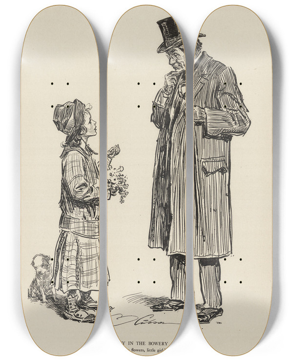 Triptych art skateboard deck of Charles Dana Gibson Botany In The Bowery by Charles Dana Gibson (1867-1944)