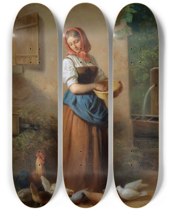 Triptych art skateboard deck of Georg Decker Ein Mdchen Hhner Und Tauben Ftternd by Georg Decker (1818-1894)