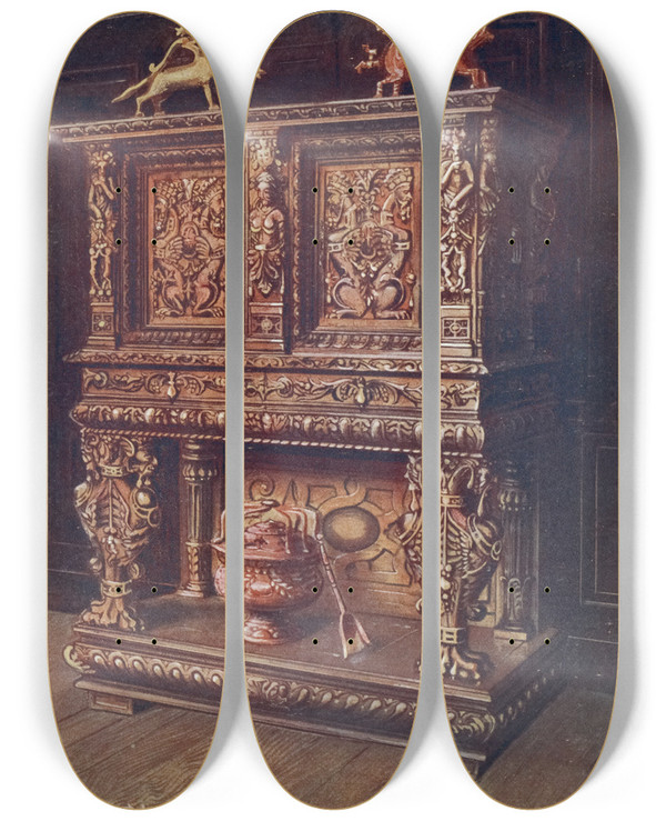 Triptych art skateboard deck of Edwin Foley Carved Bourgouignon Credenze by Edwin Foley (1859-1912)
