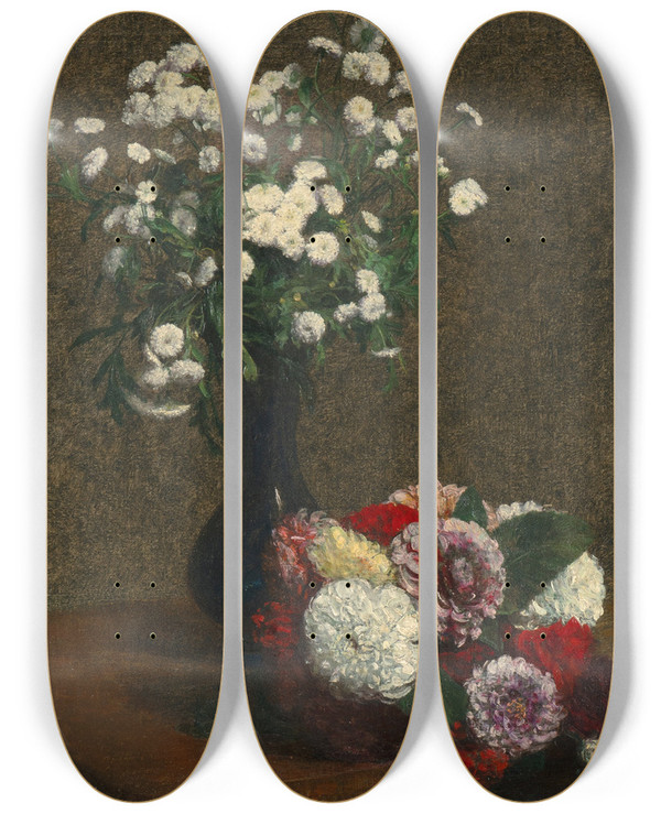 Triptych art skateboard deck of Henri Fantinlatour Fleurs Camomille Et Dahlias by Henri Fantin-Latour (1836-1904)
