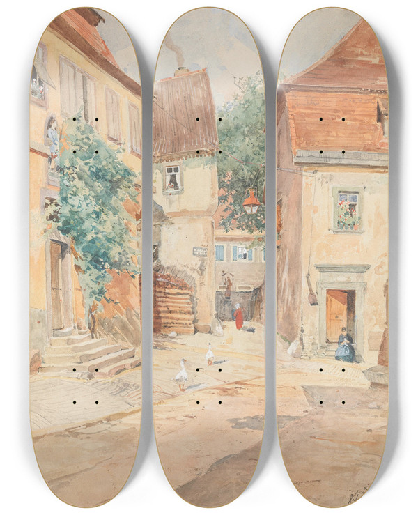 Triptych art skateboard deck of Eduard Zetsche Dettelbach by Eduard Zetsche (1844-1927)