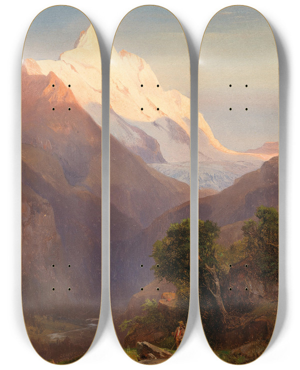 Triptych art skateboard deck of Anton Hansch Der Groglockner by Anton Hansch (1813-1876)