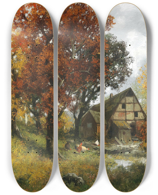 Triptych art skateboard deck of Adolf Kaufmann A Mill In An Autumnal Forest by Adolf Kaufmann (1848-1916)