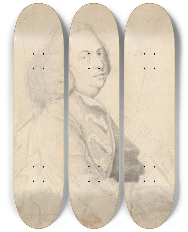 Triptych art skateboard deck of Thomas Worlidge Self Portrait by Thomas Worlidge (1700-1766)