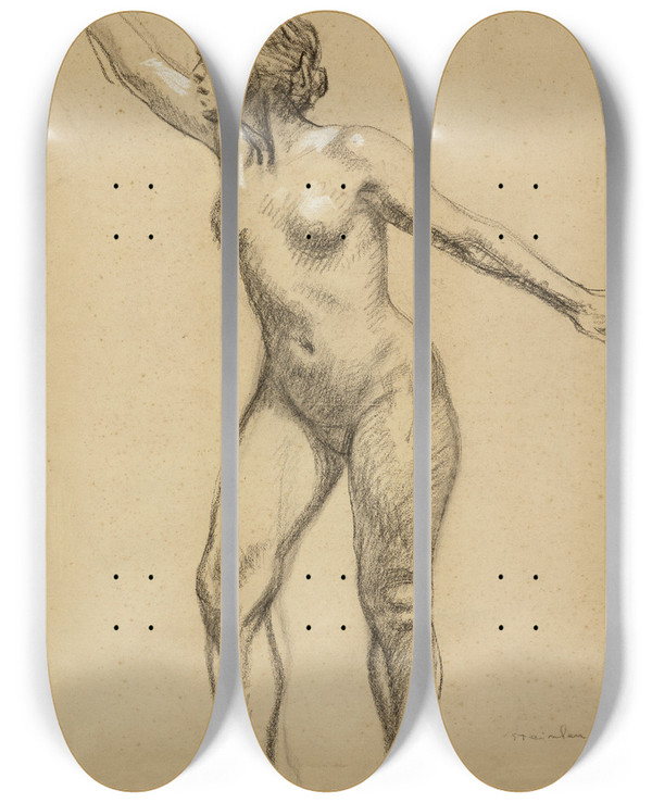 Triptych art skateboard deck of Thophile Alexandre Steinlen Nu Debout Au Bras Allong by Theophile Alexandre Steinlen (1859-1923)