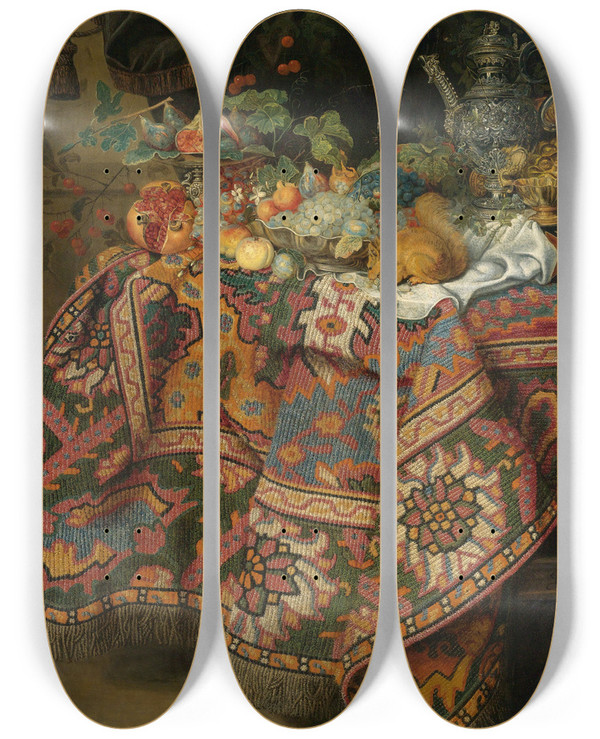 Triptych art skateboard deck of Guiliam Gabron Still Life With Fruit Gold And Silver Vessels And A Squirrel All On A Table Covered By Apersian Rug by Guiliam Gabron (1619-1678)