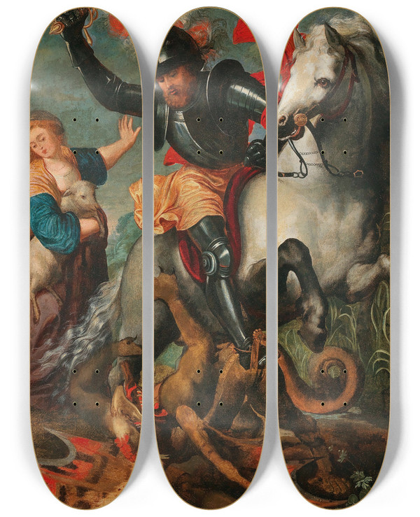 Triptych art skateboard deck of Thomas Willeboirts Bosschaert Saint George Killing The Dragon by Thomas Willeboirts Bosschaert (1614-1654)