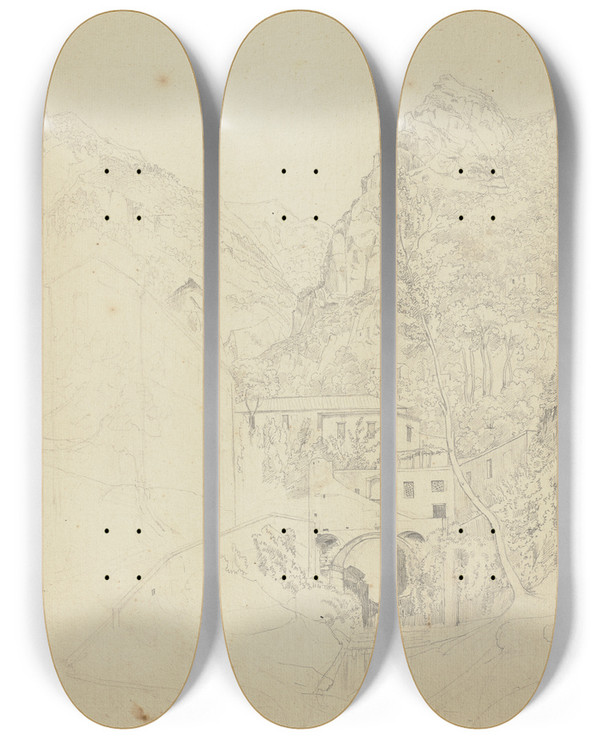 Triptych art skateboard deck of Johannes Thomas Part View Of Amalfi by Johannes Thomas (1793-1863)